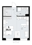Планировка  1-комнатной квартиры, 38,9 м2