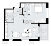 Планировка  2-комнатной квартиры, 62,9 м2