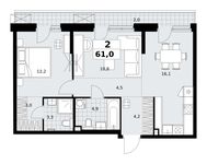 Планировка  2-комнатной квартиры, 61 м2