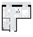 Планировка  1-комнатной квартиры, 31 м2