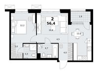 Планировка  2-комнатной квартиры, 56,4 м2