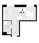 Планировка  1-комнатной квартиры, 29,4 м2