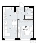 Планировка  2-комнатной квартиры, 44,5 м2
