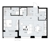 Планировка  2-комнатной квартиры, 61,1 м2