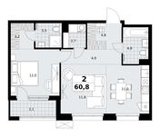 Планировка  2-комнатной квартиры, 60,8 м2
