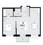 Планировка  2-комнатной квартиры, 58,5 м2