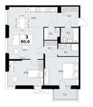 Планировка  3-комнатной квартиры, 80 м2