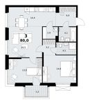 Планировка  3-комнатной квартиры, 80 м2
