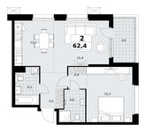 Планировка  2-комнатной квартиры, 62,4 м2