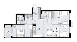 Планировка  3-комнатной квартиры, 82,6 м2