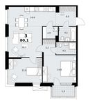 Планировка  3-комнатной квартиры, 80,1 м2