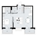 Планировка  2-комнатной квартиры, 59,6 м2