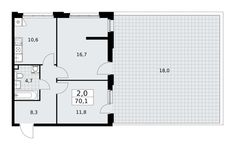 Планировка  2-комнатной квартиры, 70,1 м2