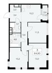 Планировка 3-комнатной квартиры, 64,9 м2