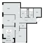 Планировка 3-комнатной квартиры, 75,2 м2