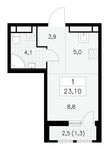 Планировка 1-комнатной квартиры, 23,1 м2