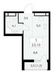 Планировка 1-комнатной квартиры, 23,1 м2