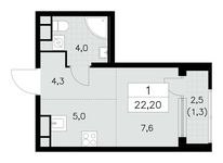 Планировка 1-комнатной квартиры, 22,2 м2