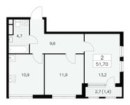Планировка 2-комнатной квартиры, 51,7 м2