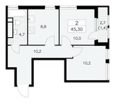 Планировка 2-комнатной квартиры, 45,3 м2