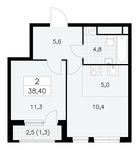 Планировка 2-комнатной квартиры, 38,4 м2