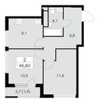 Планировка 2-комнатной квартиры, 46,8 м2