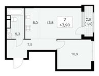 Планировка 2-комнатной квартиры, 43,9 м2