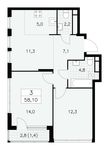 Планировка 3-комнатной квартиры, 58,1 м2