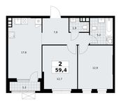 Планировка 2-комнатной квартиры, 59,4 м2