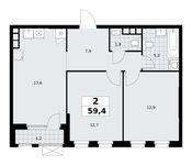 Планировка 2-комнатной квартиры, 59,4 м2