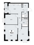 Планировка 3-комнатной квартиры, 70,5 м2