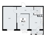 Планировка 2-комнатной квартиры, 54,1 м2
