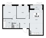 Планировка 3-комнатной квартиры, 55,8 м2