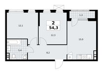 Планировка 2-комнатной квартиры, 54,3 м2