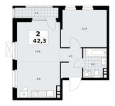 Планировка 2-комнатной квартиры, 42,3 м2