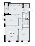 Планировка  3-комнатной квартиры, 70,3 м2