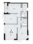 Планировка  3-комнатной квартиры, 70,3 м2