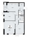 Планировка  3-комнатной квартиры, 70,3 м2