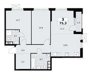 Планировка  3-комнатной квартиры, 75,3 м2