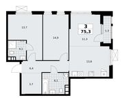 Планировка  3-комнатной квартиры, 75,3 м2