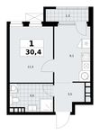 Планировка  1-комнатной квартиры, 30,4 м2