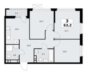 Планировка  3-комнатной квартиры, 63,2 м2