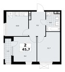Планировка 2-комнатной квартиры, 45,7 м2
