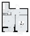 Планировка  1-комнатной квартиры, 34,7 м2