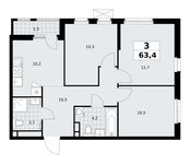 Планировка  3-комнатной квартиры, 63,4 м2