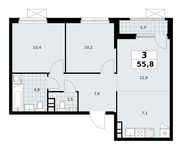 Планировка  3-комнатной квартиры, 55,8 м2