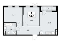 Планировка  2-комнатной квартиры, 54,3 м2