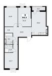 Планировка 3-комнатной квартиры, 84,5 м2