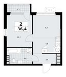 Планировка  2-комнатной квартиры, 36,4 м2