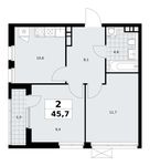 Планировка  2-комнатной квартиры, 45,7 м2